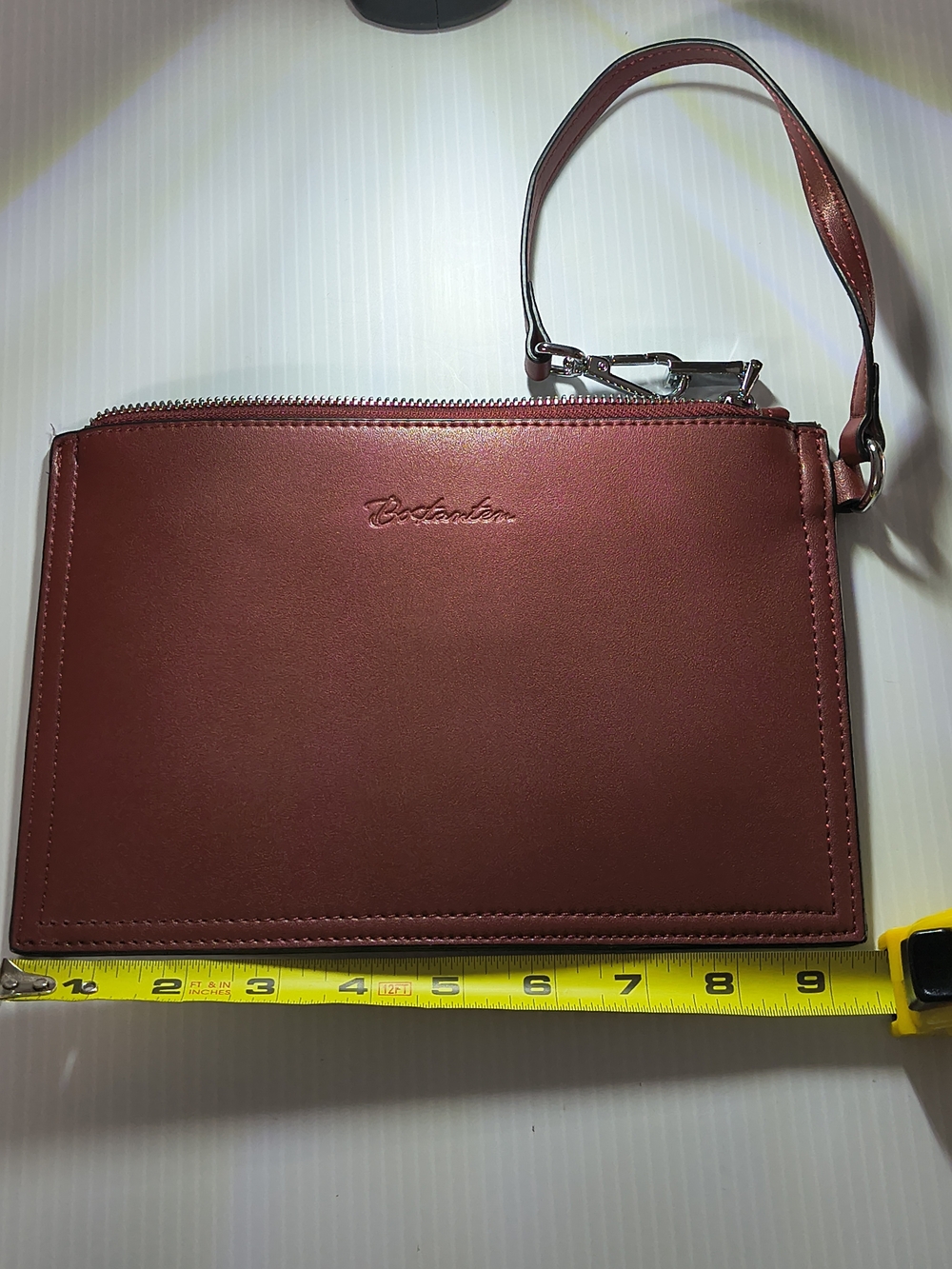 Bostanten Burgundy Leather Wristlet Clutch Pouch Zip Wallet 9.5"x5.5"